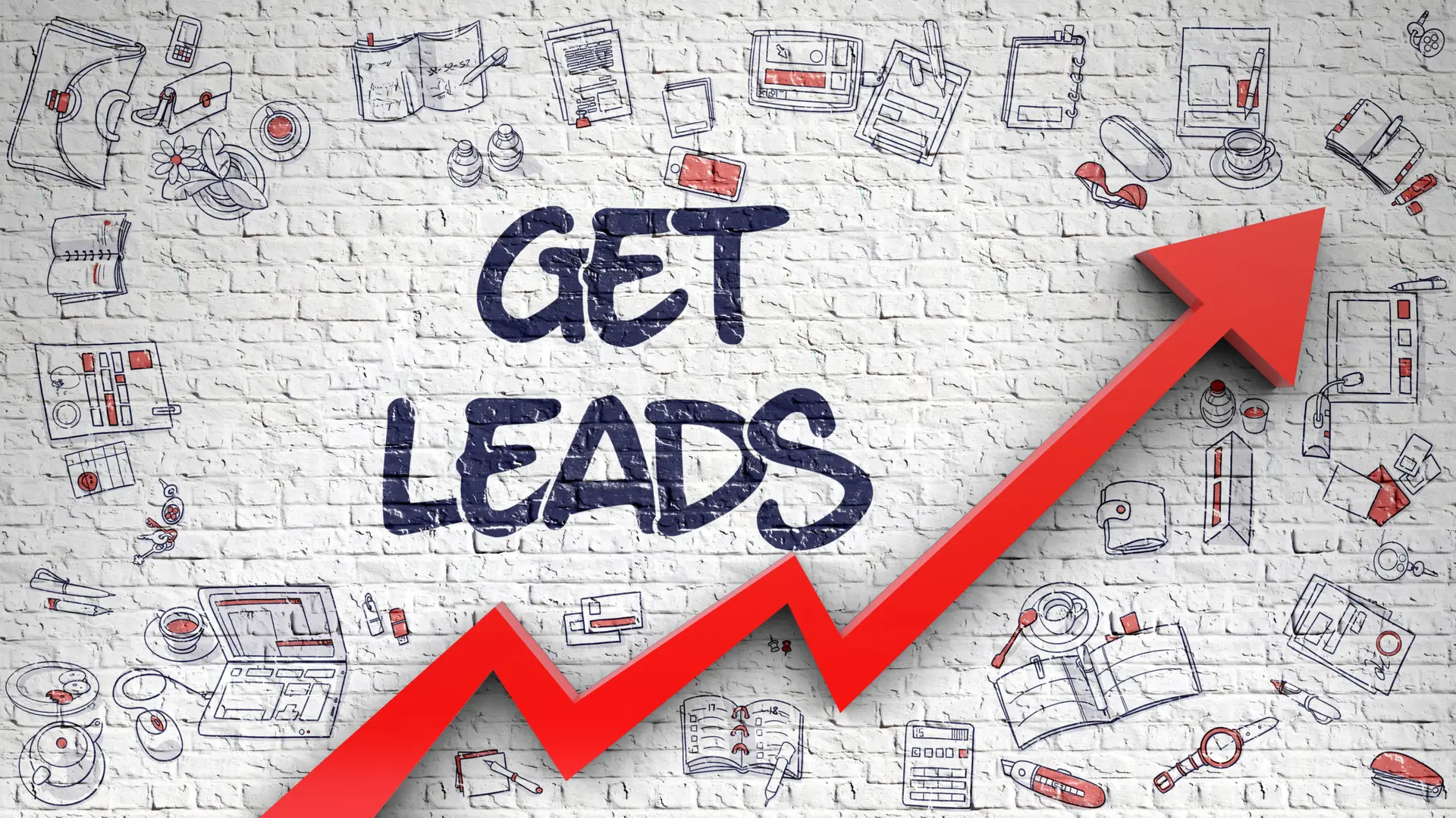 Red growth arrow and “Get Leads” graphic illustrating the benefits of real estate lead generation for agents and investors.