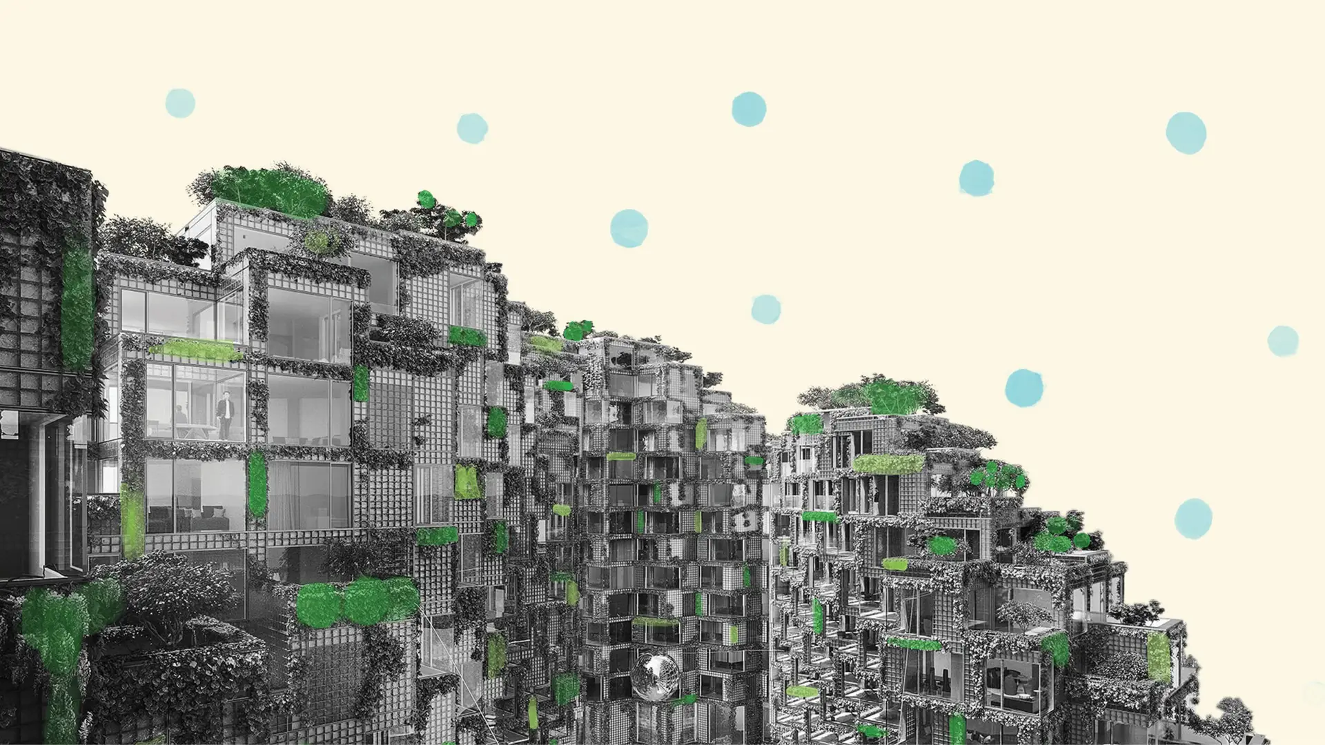 Illustration of modern sustainable residential buildings with greenery, representing innovation and growth in starting a real estate business.