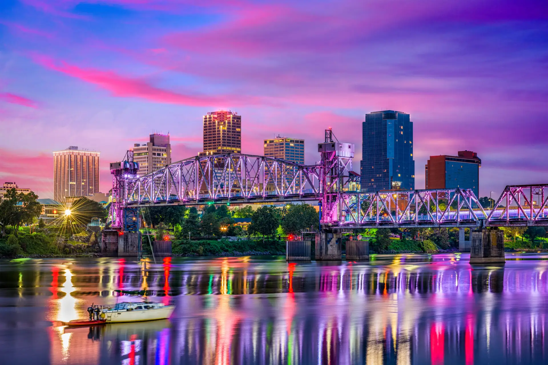 Little Rock, Arkansas skyline at sunset, illustrating opportunities for beginners exploring wholesale real estate in Arkansas.
