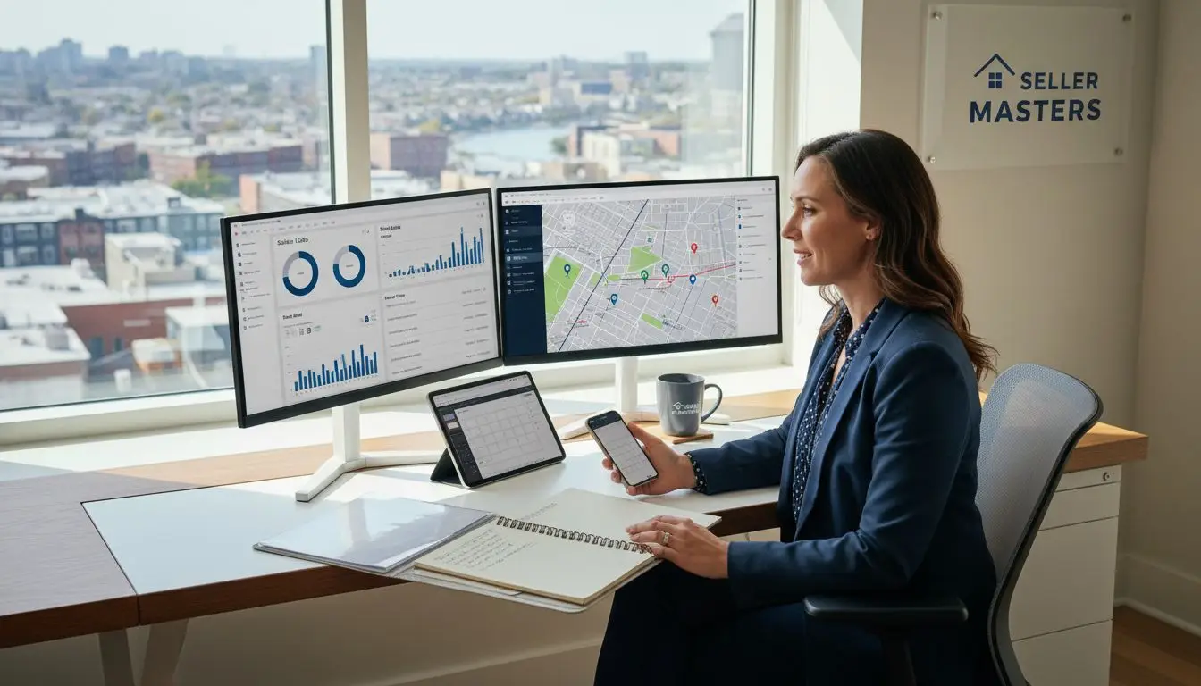 Real estate professional analyzing lead data and maps on dual monitors, illustrating a complete real estate lead generation guide.
