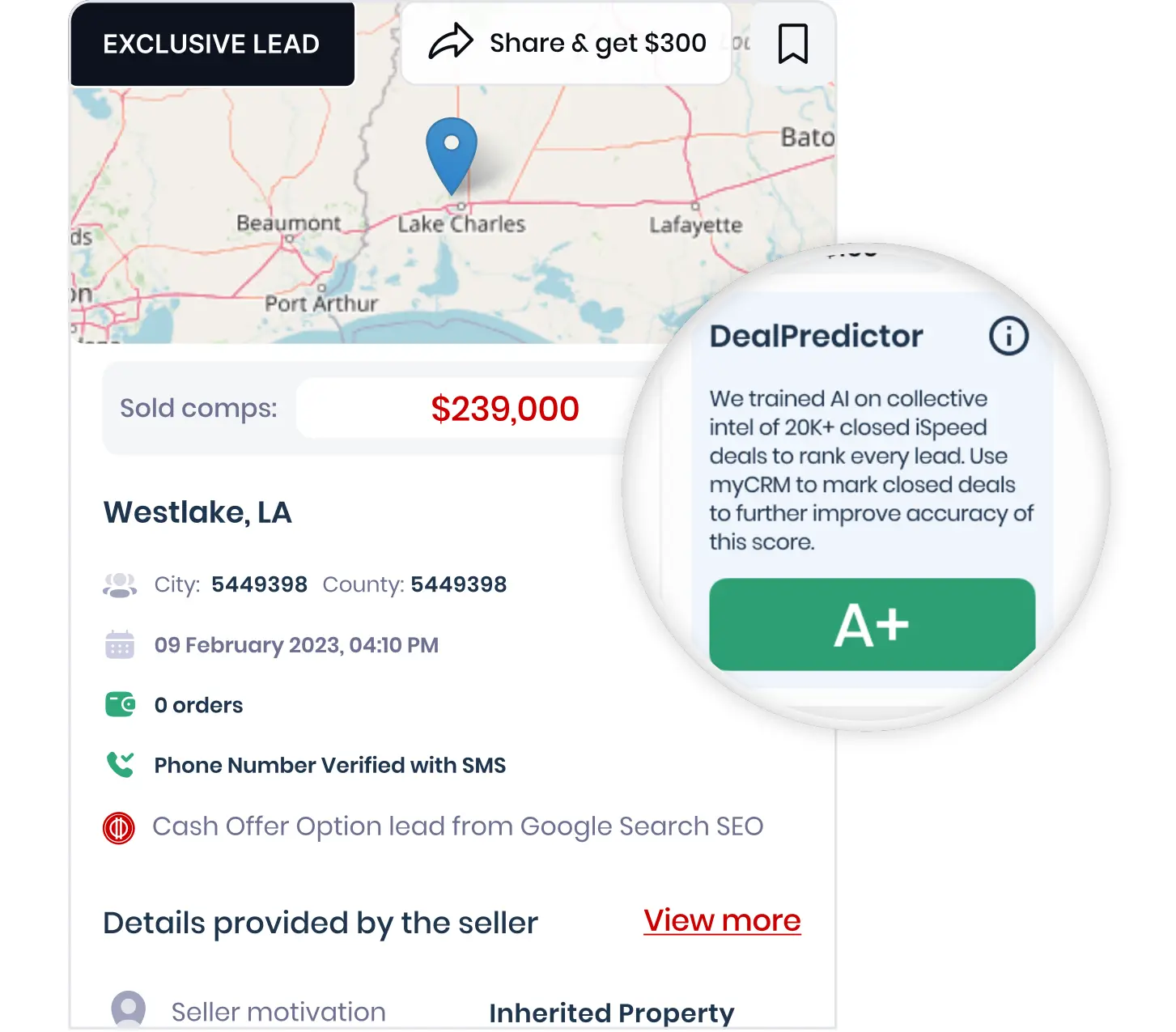 DealPredictor AI lead scoring with A+ rating visualization