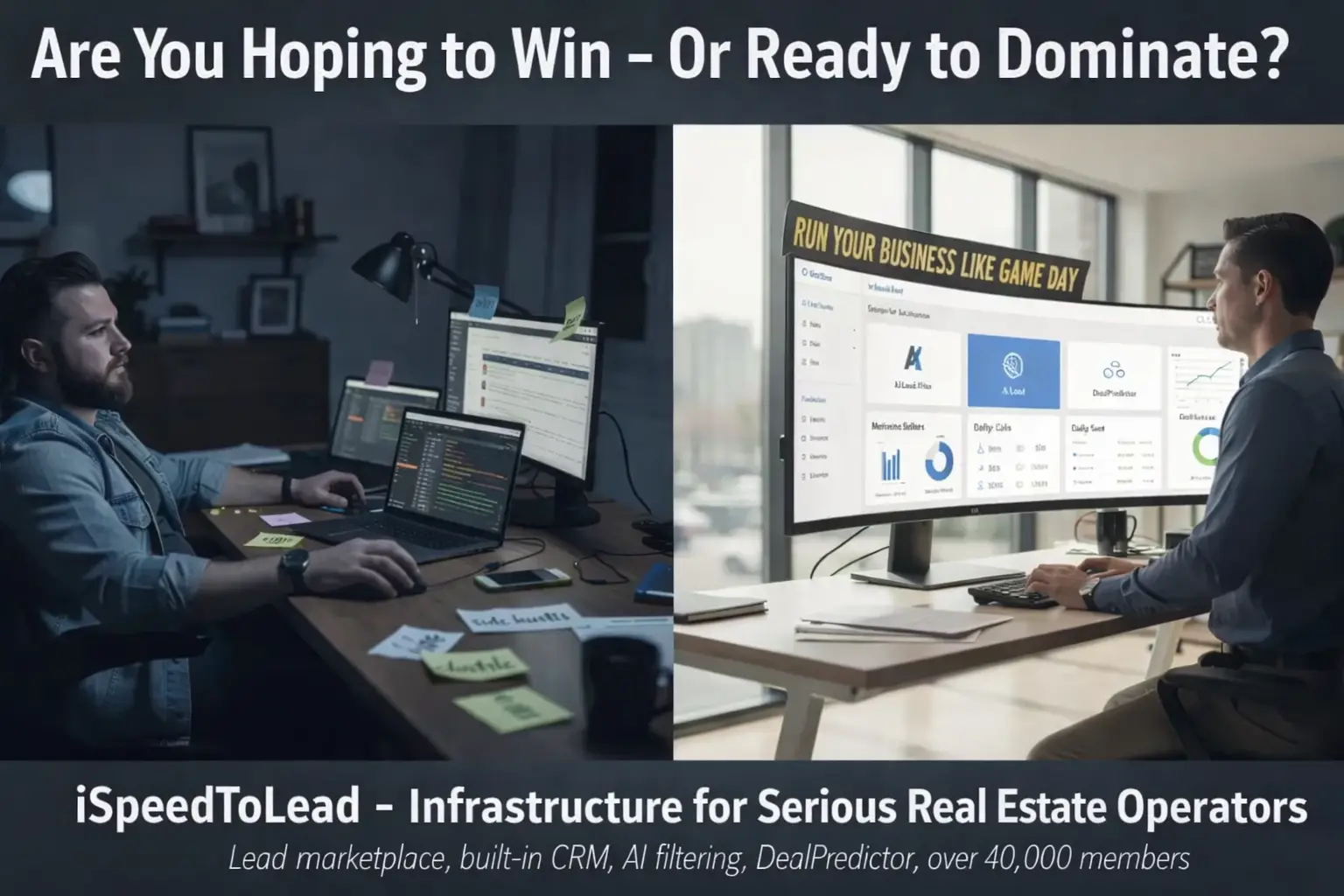 Real estate wholesaler using iSpeedToLead infrastructure platform to analyze leads, CRM data, and AI deal predictions in a modern workspace