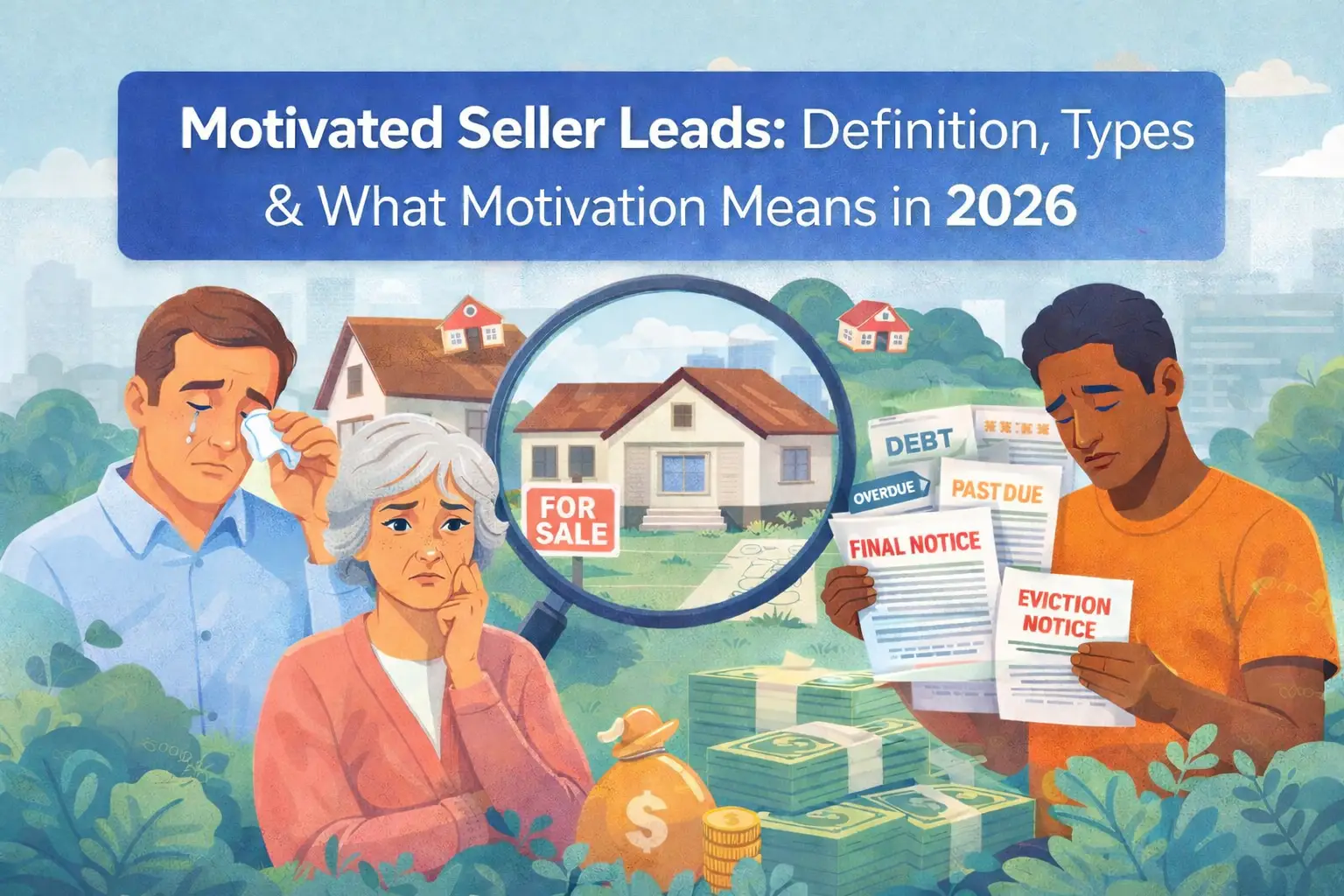 Motivated seller leads illustration showing distressed homeowners, debt notices, eviction warning, and house for sale in 2026 real estate market