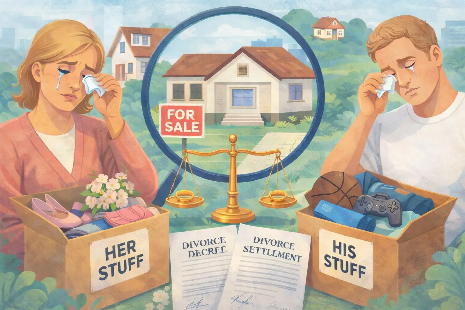 Divorcing couple standing apart with packed belongings and legal documents while their house marked "For Sale" is highlighted, symbolizing a divorce-related home sale