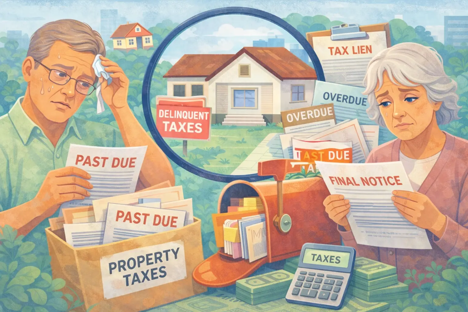 Elderly homeowners reviewing overdue tax notices and final warnings as their house is marked with delinquent taxes, illustrating tax delinquent owners under financial stress