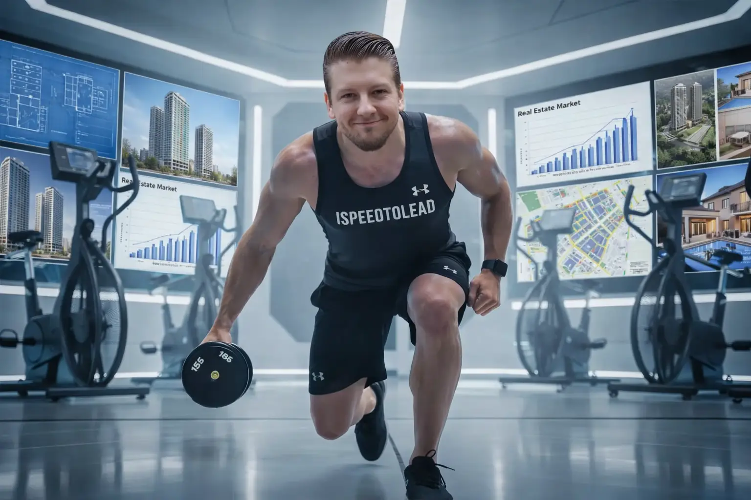 Athlete performing strength training in high-tech gym with real estate market data and property analytics displayed on digital screens