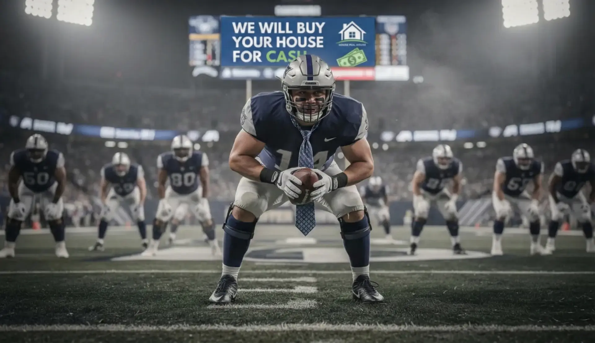 American football team at the line of scrimmage with stadium advertising promoting cash home buying services
