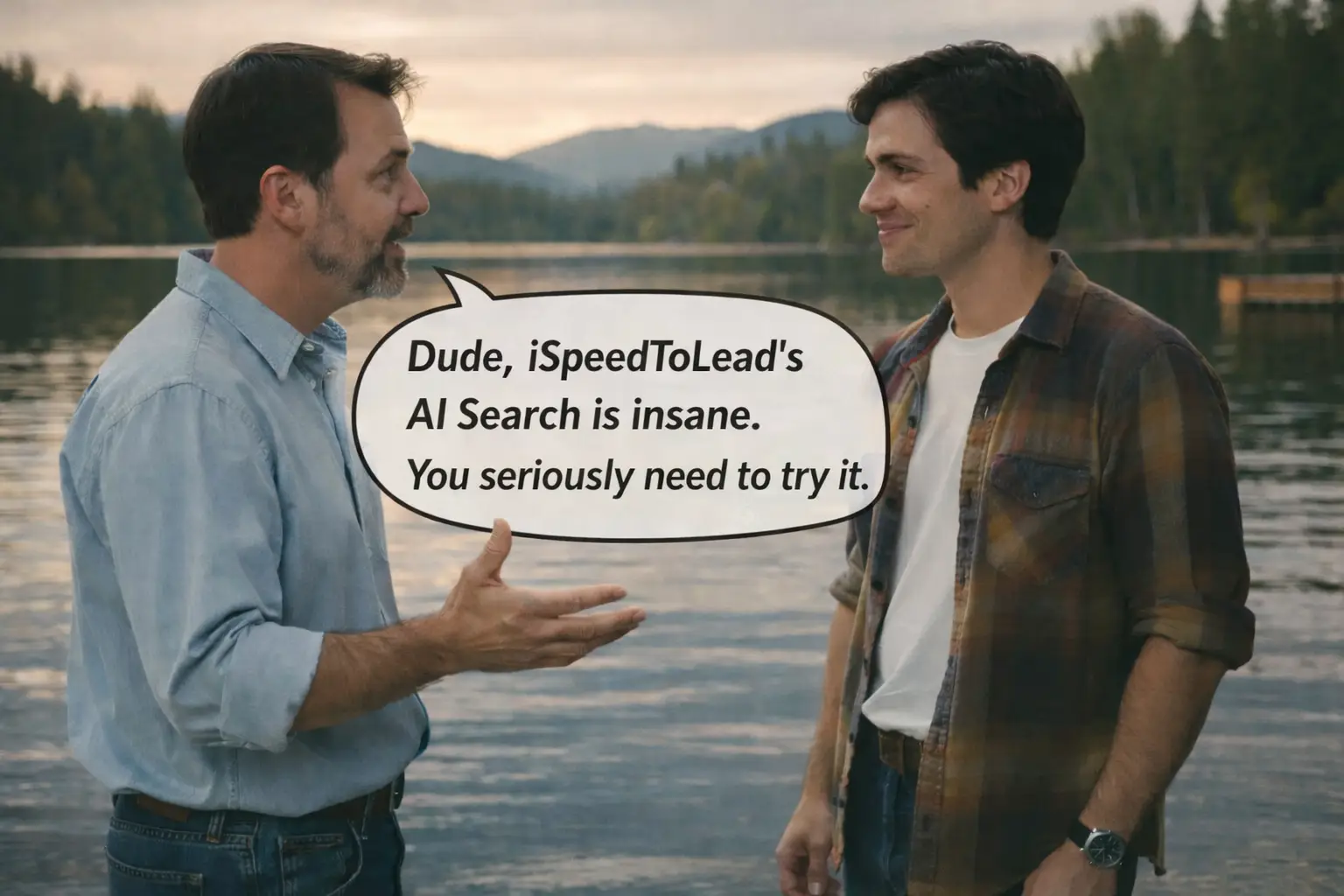 Two men discussing iSpeedToLead by a lake, highlighting AI-powered natural language search for finding real estate leads faster in modern wholesaling.