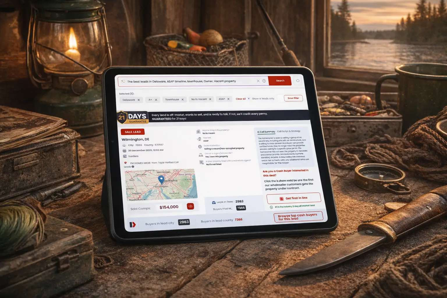 AI-powered natural language search interface by iSpeedToLead displayed on a tablet, showing real estate lead details, filters, and buyer insights in one platform.