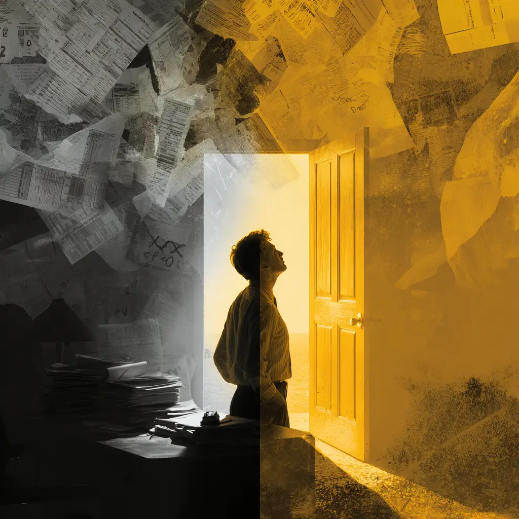 Overwhelmed motivated seller surrounded by paperwork choosing cash offer solution in real estate transaction