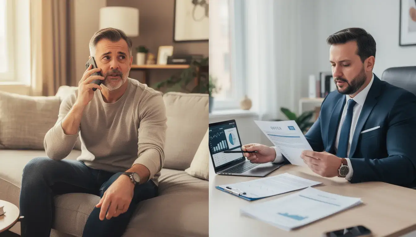 Motivated home seller on phone expressing objections while real estate investor reviews offer and prepares motivated seller responses